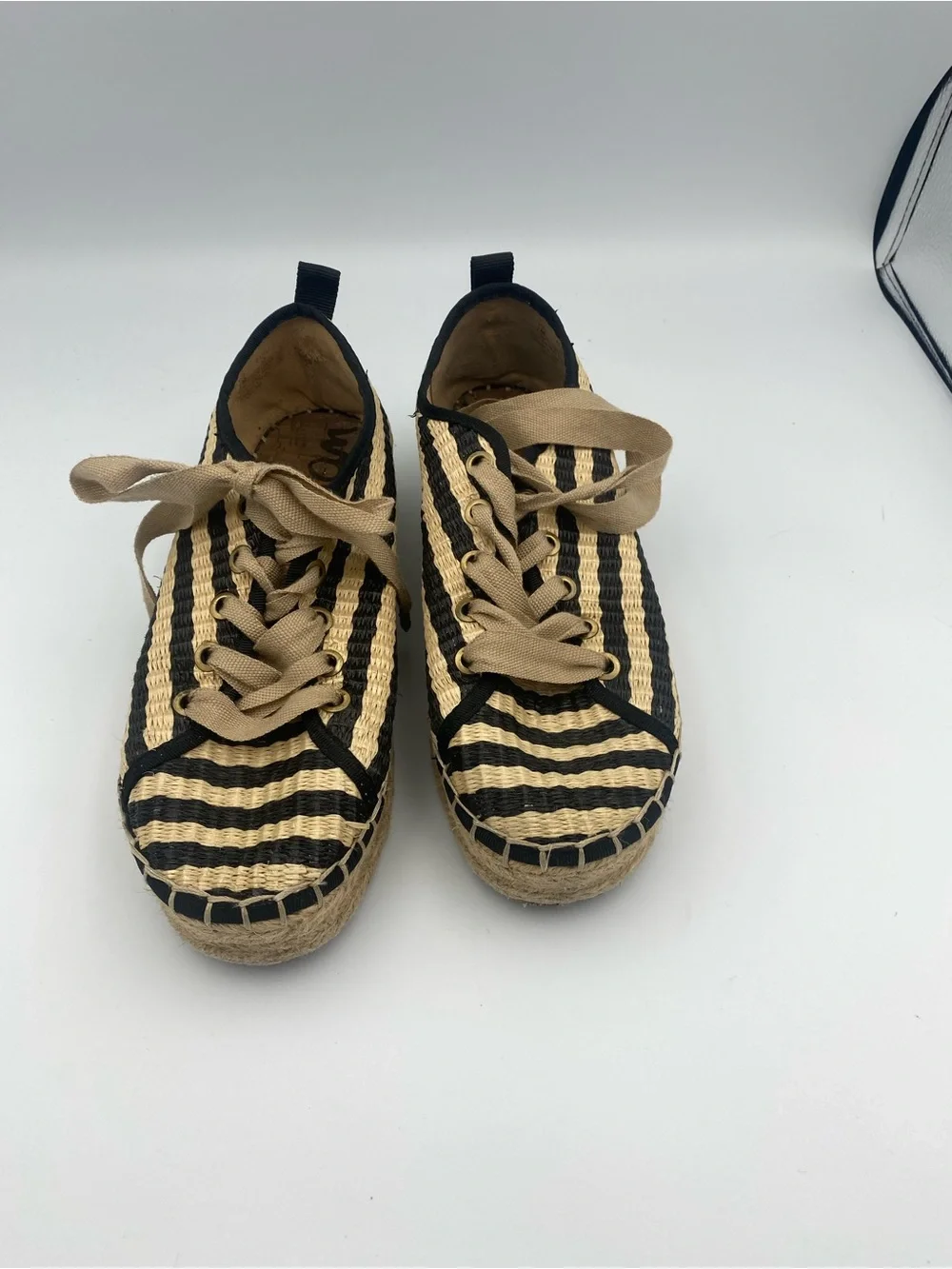 Sam Edelman Black and Natural Striped Espadrille Platform Sneakers